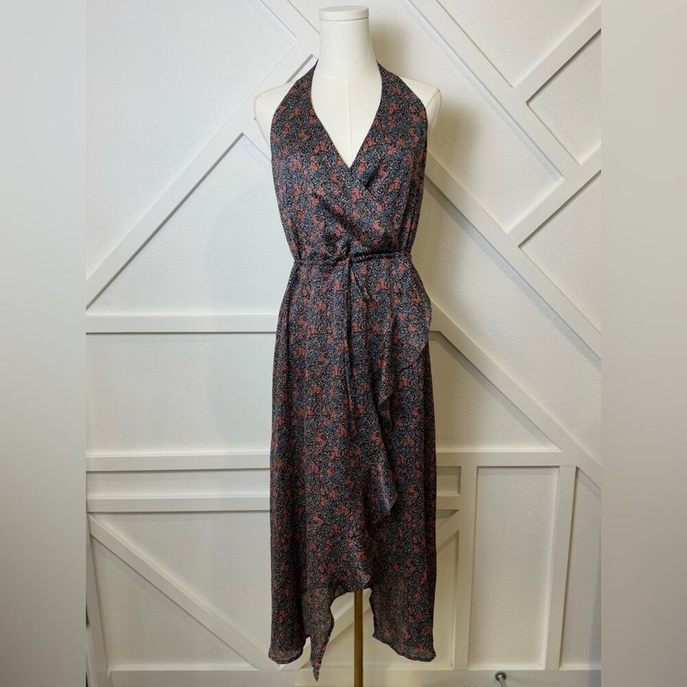 Avec Les Filles Blue and Red Floral Faux Wrap Midi Halter Dress Size XS